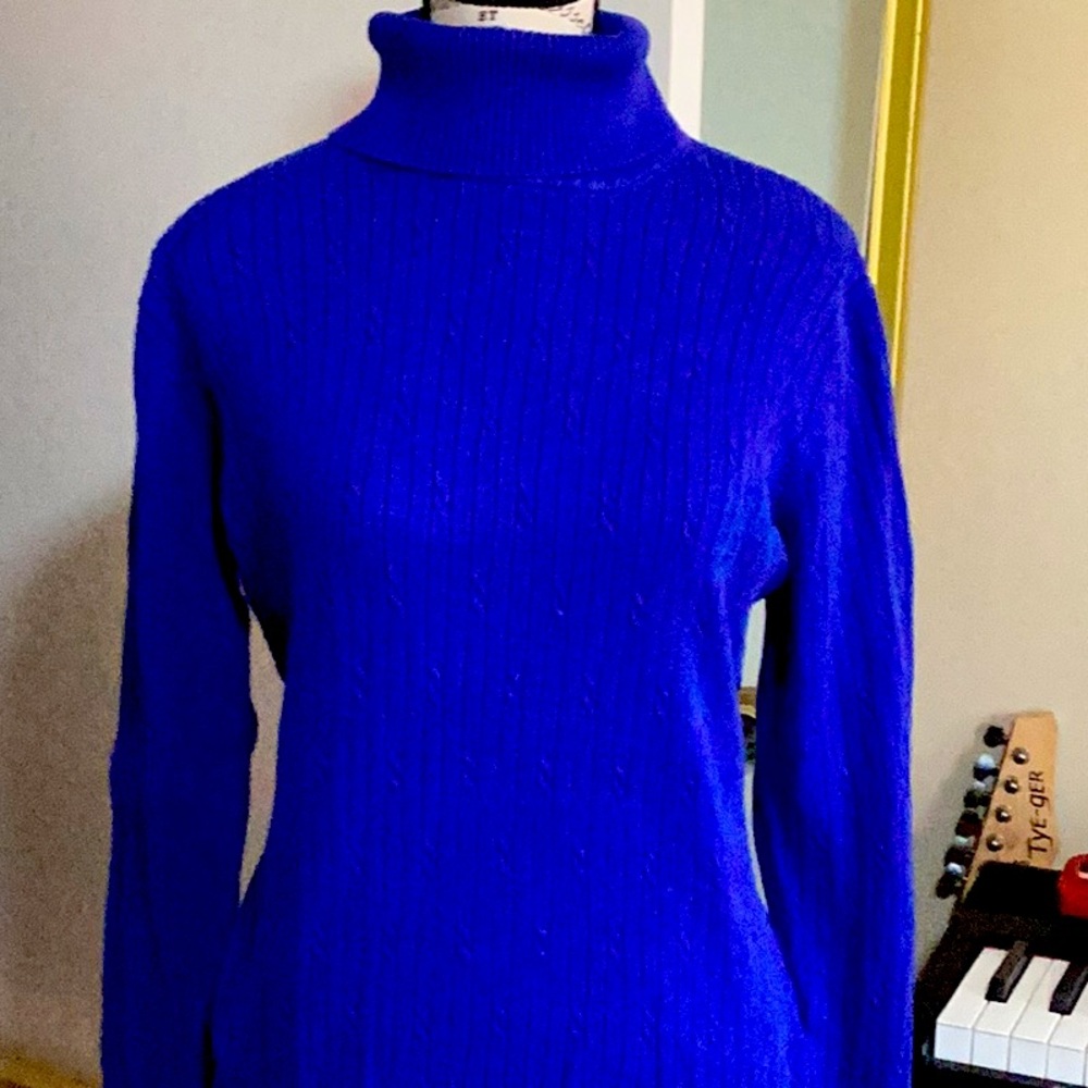 Blue knit turtleneck sweater.